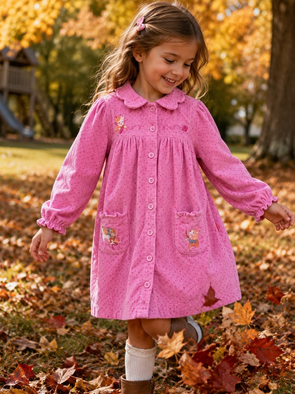 LE TOP Pink CORDUROY Polka Dot Dress Playful Embroidered Kittens Size 5